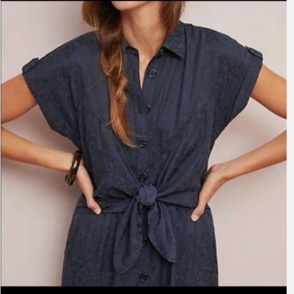 Anthropologie Navy Short-Sleeve Button-Front Tie-Waist Jumpsuit